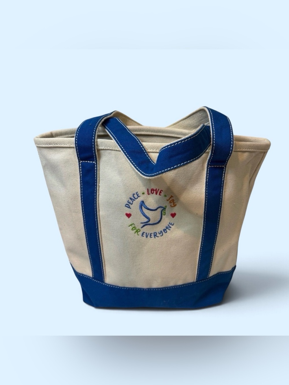 Lands' End Natural Canvas Tote with Blue Trim and Embroidered Dove
